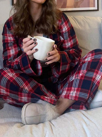 Plaid Collared Neck Button Up Top and Pants Lounge Set