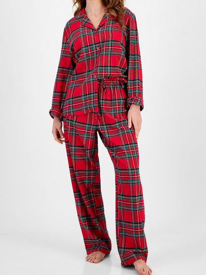 Plaid Collared Neck Button Up Top and Pants Lounge Set