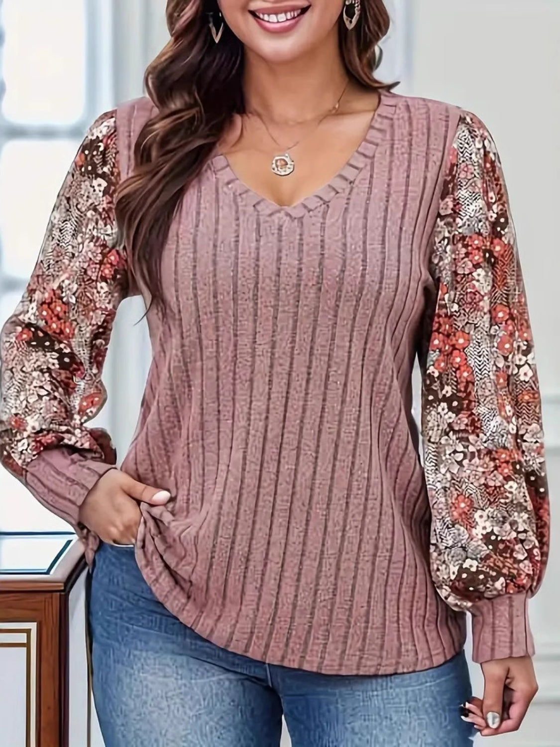 Printed V-Neck Long Sleeve T-Shirt